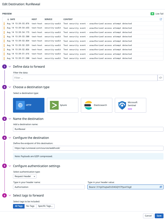 Datadog HTTP destination configuration for RunReveal